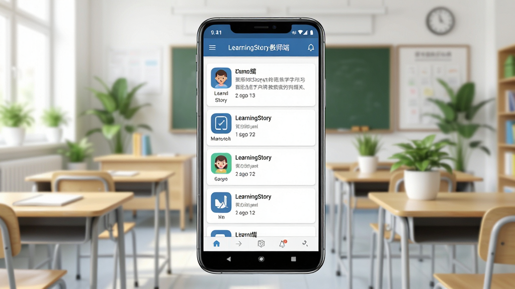 һ��չʾLearningStory ��ʦ���ֻ�Ӧ�ý���ĳ���ͼ������������һ��������׿�ֻ�����Ļ����ʾLearningStory ��ʦ�˵�ѧ���ɳ������б�ҳ�棬��������������Ľ��һ�������������ֲ��׺�����岼��Ϊ���й�ͼ�����Ϊдʵ��Ʒչʾ�磬ϸ�ڰ����ֻ��߿�߹⡢����ͼ�����������֡�LearningStory ��ʦ�ˡ���ʾ��Ӧ�ö��������ʸ��塢�ɾ����޶���Ԫ��