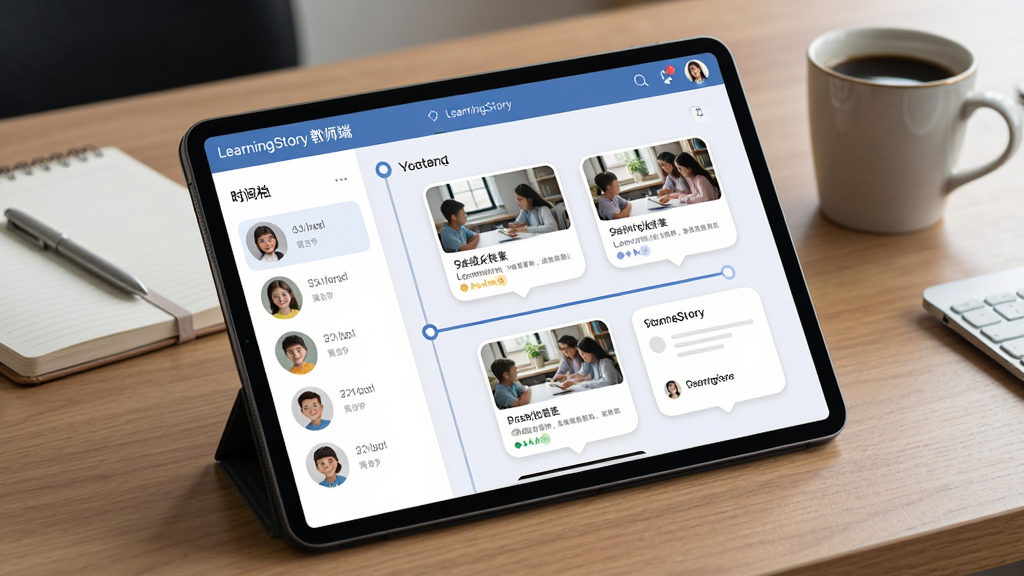 һ��LearningStory ��ʦ�˳ɳ������������ܵ�AI��ͼ������Ϊһ������ƽ����Է�����ľ�ʰ칫���ϣ���Ļ��չʾLearningStory ��ʦ�˵�ѧ���ɳ�����ʱ������棬�����ѧ��ͷ���б����Ҳ���ͼ�ļ�¼��Ƭ�������бʼǱ��뿧�ȱ�������Ϊб���ӽ�չʾ�����Ϊ���°칫дʵ�磬ϸ�ڰ������濨ƬԲ�ǡ�ʱ�����������������֡�LearningStory ��ʦ�ˡ���������Ļ�����������������ɾ����޶���Ԫ��