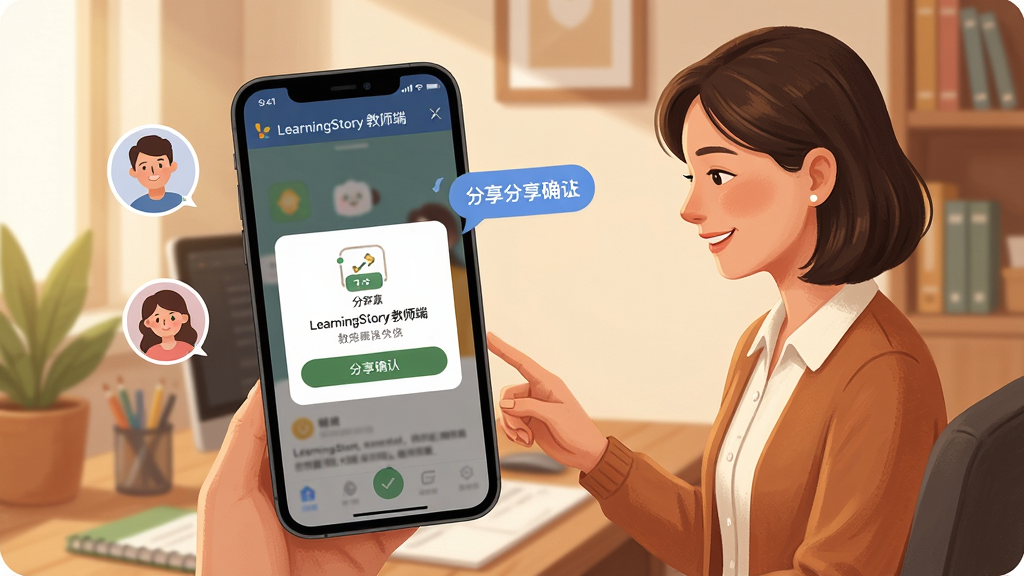 һ��LearningStory ��ʦ�˼�У�������ܵ�AI��ͼ������Ϊһλ��ʦ���ڰ칫��ǰʹ���ֻ����ֻ���Ļ��ʾLearningStory ��ʦ�˵ķ���ȷ�ϵ�������Ļ���мҳ�ͷ��ͼ������Ϣ���ݣ���������ܰ�Ľ�ʦ�칫�ң�����Ϊ����������ֻ���д�����Ϊ��ůдʵ�廭�磬ϸ�ڰ����ֻ����水ť��������������ͼ�ꡢ���֡�LearningStory ��ʦ�ˡ���ʾ��Ӧ�ñ����������ʸ��塢�ɾ����޶���Ԫ��