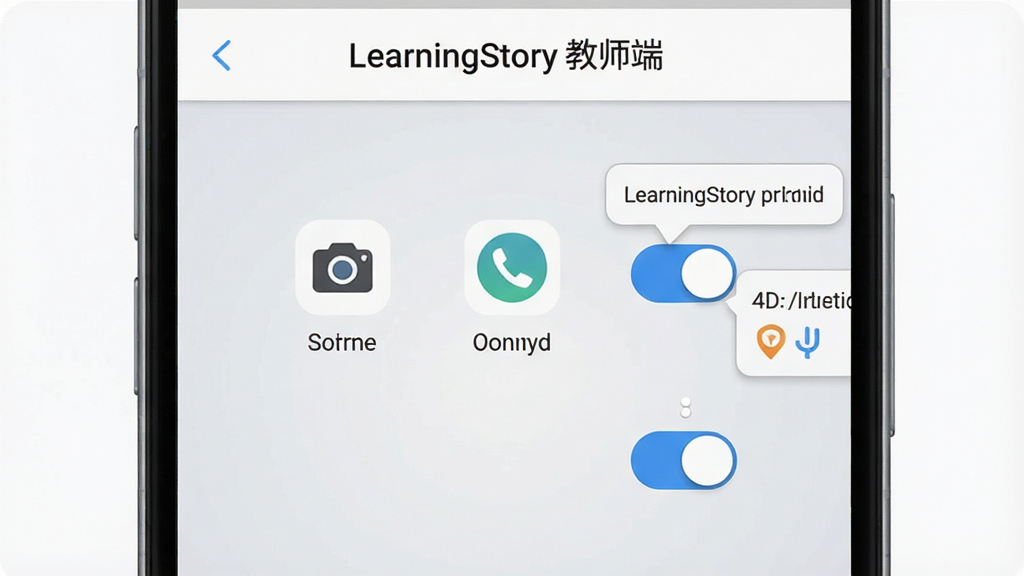 һ��LearningStory ��ʦ�����ֲ���������AI��ͼ������Ϊһ����׿�ֻ���Ļ��д����Ļ����ʾLearningStory ��ʦ�˵�Ȩ����������ҳ�棬ҳ������������洢����������Ȩ��ͼ�꣬����Ϊǳ��ɫ���䣬����Ϊ�����ֻ�����չʾ�����Ϊ���Ƽ��磬ϸ�ڰ���Ȩ�޿��ذ�ť���������֡�LearningStory ��ʦ�ˡ���ʾ�ڶ�������������ʾ����ָ�򿪹أ������������ɾ����޶���Ԫ��