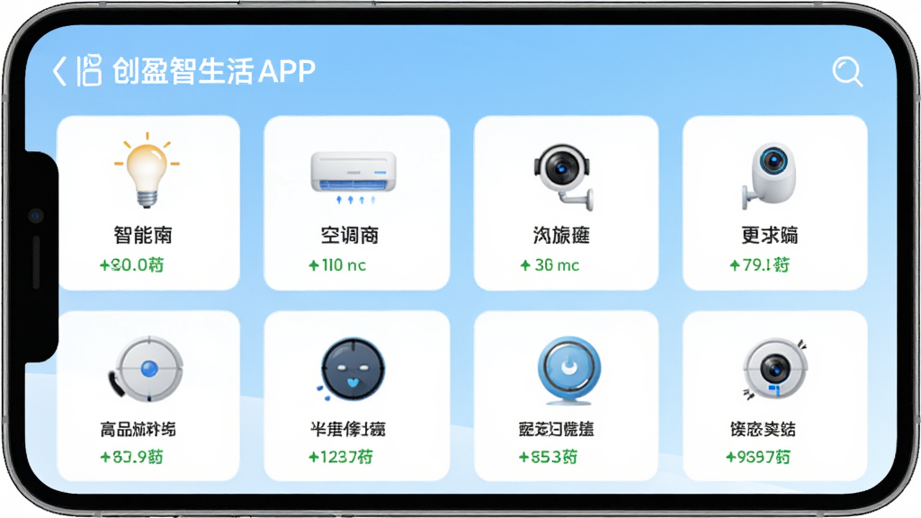 ��ӯ�ǻ�����APP�豸�������棬����չʾ�ֻ���Ļ�ϵ������豸��Ƭ�б����������ܵ��ݡ��յ�������ͷ��ɨ�ػ����˵�ͼ�꣬ÿ����Ƭ��ʾ�豸���ƺ͵�ǰ״̬������Ϊǳ��ɫ���䣬���������¼�࣬�����������򣬻����������ɾ��޶���Ԫ��
