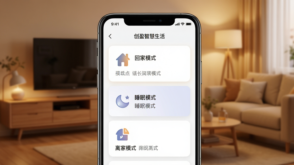 ��ӯ�ǻ�����APP��������ҳ�棬�������ֻ���Ļ��ʾ���ؼ�ģʽ����˯��ģʽ�������ģʽ���ȳ�����Ƭ��ÿ����Ƭ���ж�Ӧ��ͼ��ͼ�Ҫ˵��������Ϊůɫ���Ҿӻ����������Ű������������ܰ�ִ������ʸ��壬�ɾ��޶���Ԫ��