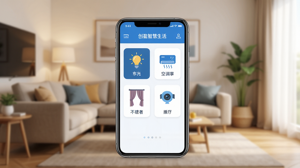 ��ӯ�ǻ�����APP������չʾͼ������������һ�������ֻ�����Ļ����ʾ�����ܼҾӿ�����壬�����ƹ⡢�յ�������������ͷ���豸ͼ�꣬��������ܰ���ִ��������������岼�ּ�����������ñ�ƽ��UI��Ʒ��ɫ��������Ϊ����ϸ�ڷḻ�����ʸ��壬�ɾ��޶���Ԫ��