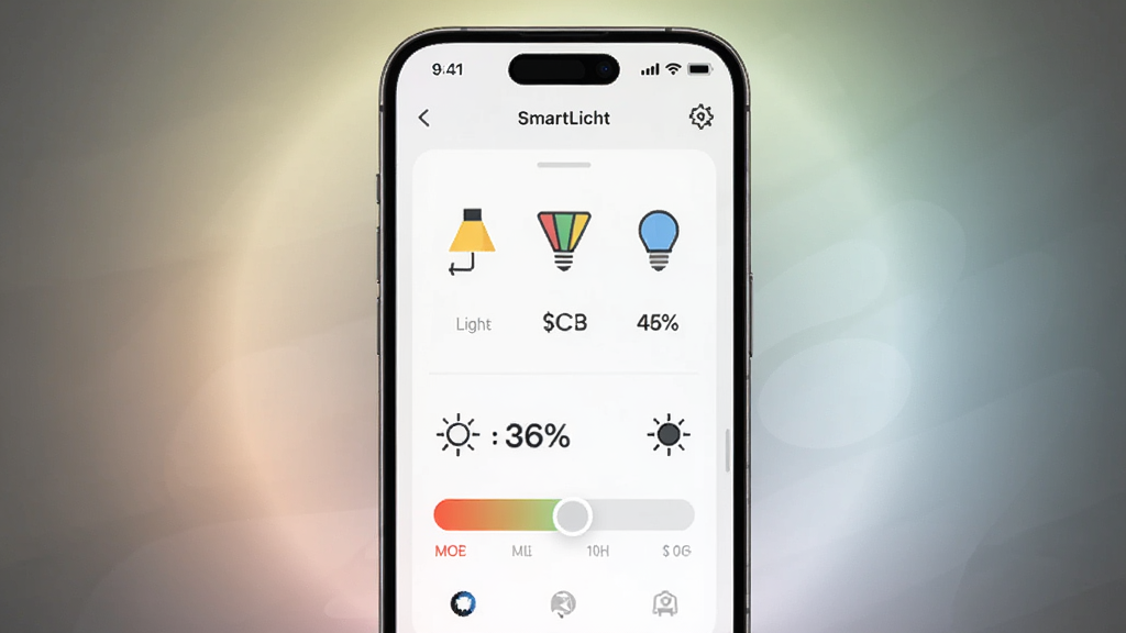 ������һ�������ֻ���ĻչʾSmartLichtӦ�ý��棬����Ϊ���з����ֻ�����Ļ����ʾ�ƹ���������ɫ�µ��ڻ��飬�Ű��࣬���Ϊ�ִ��Ƽ��У�ϸ�ڰ�����͹��α������ƾ�ͼ�ꡢ���Ȱٷֱ����֣����ʸ��壬�ɾ����޶���Ԫ��
