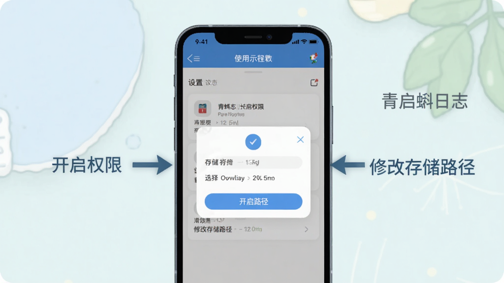 ������־ʹ�ý̳�ʾ��ͼ������Ϊһ���ֻ�չʾ���ý�����洢·��ѡ�񵯴����Ա����м�ͷ�����ֱ�ע������Ȩ�ޡ����޸Ĵ洢·���������ֲ��þ�����д�����Ϊ����UI˵���廭��ϸ�ڰ���������ͼ�����͵ı���ɫ�����ʸɾ����޶���Ԫ��