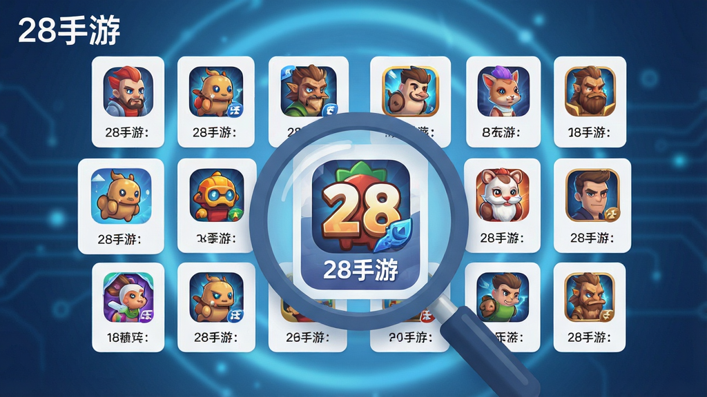 一幅展示28手游游戏库界面的AI生图,画面主体为悬浮在空中的多层游戏卡片墙,每张卡片上印有不同风格的游戏图标与名称,卡片按类别整齐排列,前景有一个放大镜图标正在聚焦其中一张卡片,背景是柔和的科技蓝光晕,风格为扁平化插画,细节清晰,画质干净,图片中文字标注“28手游”