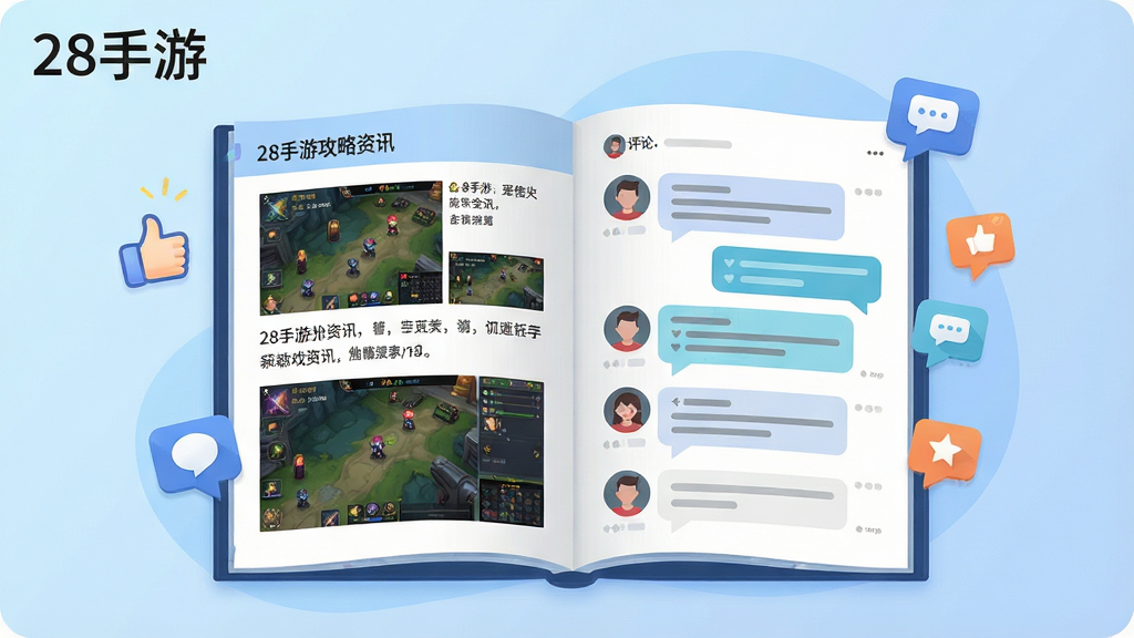 一张展示28手游攻略资讯页面的生图,画面中央是一本翻开的电子杂志,左页显示游戏攻略文字与截图,右页显示玩家评论气泡,周围漂浮着点赞和对话图标,背景为淡蓝色渐变,风格为清新扁平插画,排版整齐,画质清晰,图片中文字标注“28手游”