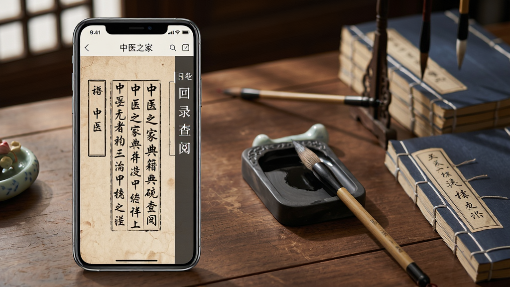 ��ҽ֮�ҵ伮���Ľ��棬�ֻ���Ļչʾ�ż��Ķ�ҳ�棬ҳ���������������Ű��Ŀ¼����������汳��Ϊ�ŷ�����������������ë�ʡ���̨����װ���Ԫ�أ�����Ϊ�ֻ���Ļ�е���ҽ֮��APP�Ķ����棬���ֲ�������ֻ��Ҳ�װ�����˫����ͼ�����Ϊ�ŵ��������ִ���Լ��ϣ�ϸ����ͻ��ֽ��������īɫ���֣����ʸ��壬�ɾ����޶���Ԫ��
