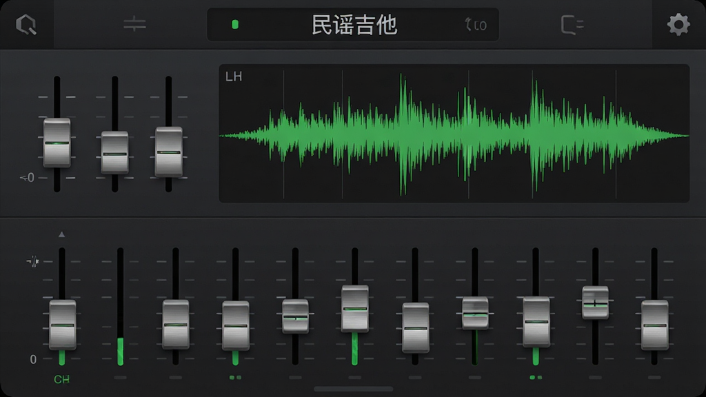 吉他模拟器 音色设置界面,主体为调音台推子与波形图,布局分为上下两层,上层显示音色名称“民谣吉他”,下层为均衡器滑块,排版整齐,风格为现代科技感UI,细节上滑块带有金属质感,波形图呈现跳动的绿色,背景为深灰色,画质清晰,画面干净,无多余元素。