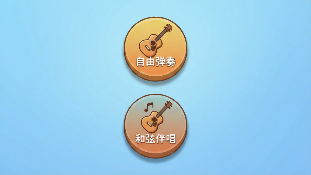 吉他模拟器 演奏模式选择界面,主体为三个圆形图标按钮,分别标注“自由弹奏”“和弦伴唱”“节奏练习”,布局呈三角排列,排版居中,风格为扁平化卡通风格,细节上按钮带有轻微的立体投影与乐器小图标,背景为渐变的浅蓝色,画质高清,画面干净,无多余元素。