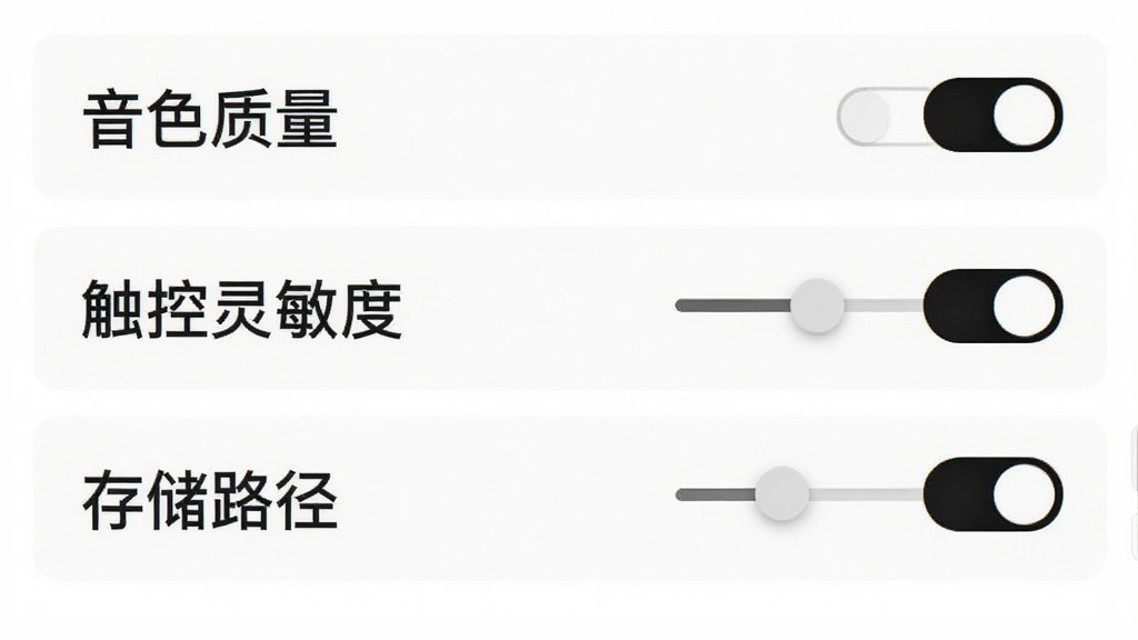 吉他模拟器 设置菜单界面,主体为纵向排列的选项列表,包含“音色质量”“触控灵敏度”“存储路径”等条目,布局清晰,排版规整,风格为极简浅色UI,细节上每个选项右侧带有开关按钮或滑块,背景为纯白色,画质清晰,画面干净,无多余元素。