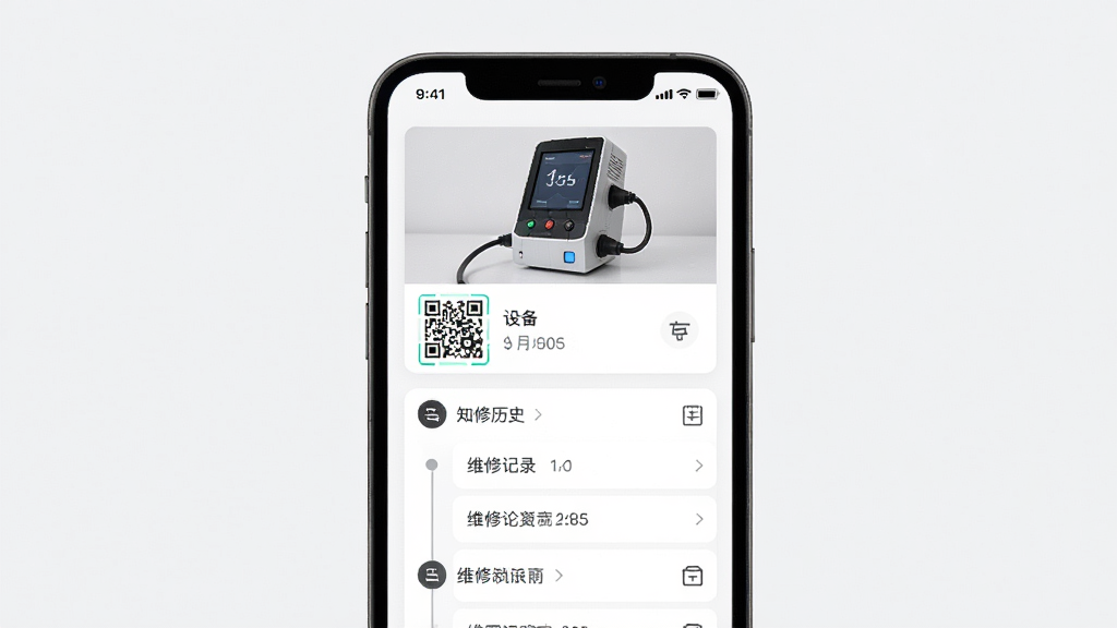 �����ά���������豸����ҳ�棬����չʾ�ֻ���Ļ�ϵ��豸��Ϣ��Ƭ��ά����ʷʱ���ᣬ����Ϊ�Ϸ��豸��Ƭ�·���Ϣ�б������Ϊ���ż���UI��ƣ�ϸ�ڰ����豸��ά�롢ά�޼�¼��Ŀ��֪ʶ�����ͼ�꣬���ʸ��壬����ɾ����޶���Ԫ��