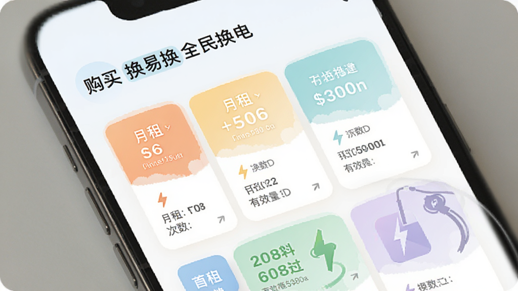 �ֻ�Ӧ�ý���չʾ�����׻�ȫ�񻻵硱���ײ͹���ҳ�棬ҳ���������Ų�ͬ��λ���ײͿ�Ƭ����ע���⡢��������Ч�ڵ���Ϣ��������Ƽ���ִ���ɫ����ͣ����ʸ��壬�ɾ��޶���Ԫ��