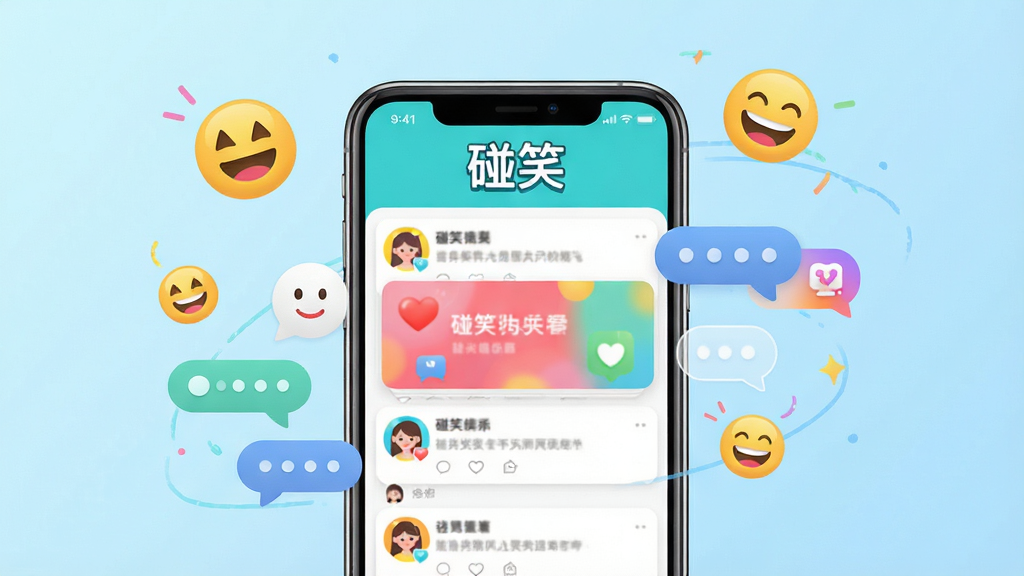 碰笑软件主界面截图,画面中央展示手机屏幕,屏幕内是色彩明快的社交信息流卡片,顶部有“碰笑”字样,周围环绕笑脸图标和互动气泡,背景为淡蓝色渐变,风格清新活泼,细节清晰,画质干净,无多余元素