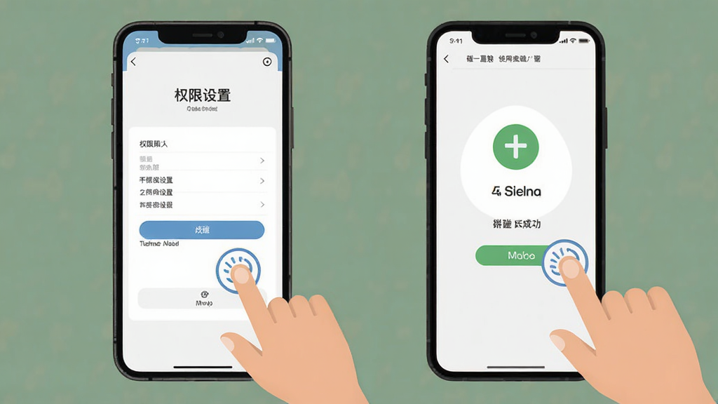 碰笑使用教程示意图,手机屏幕显示权限设置页面和碰一碰连接成功界面,旁边有手指点击图标,背景简洁,风格扁平化,细节清晰,画质干净,无多余元素