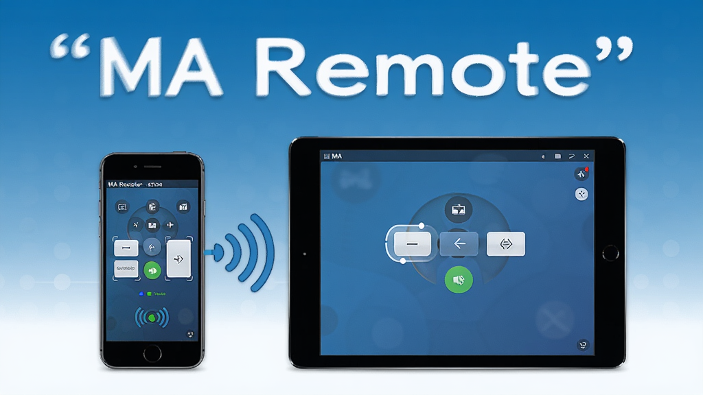 һ��չʾ MA Remote ���������������ͼ������������һ�������ֻ���һ̨ƽ�����ͨ�������ź����ӣ������Ǽ��ĿƼ����������ֻ���Ļ����ʾԶ�̿��ƽ��棬���������Ĳ�����ť������״ָ̬ʾ������ɾ����࣬���������ű�ע 