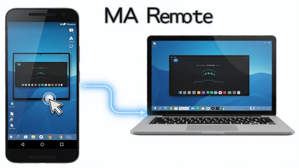 һ��չʾ MA Remote ���豸Զ�̿��ƹ��ܵ�ʾ��ͼ�����������һ����׿�ֻ����Ҳ���һ̨�ʼǱ����ԣ�����֮����һ��������������������ֻ���Ļ����ʾ�������滭�棬�������������ָ�룬���������ִ������ֱ�ע 