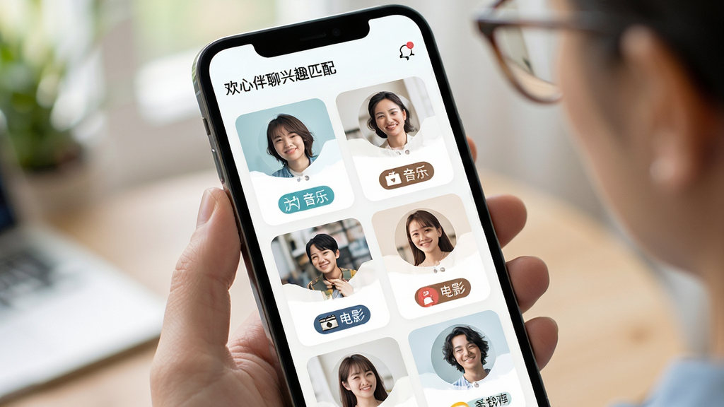 欢心伴聊兴趣匹配界面展示图,画面以手机屏幕为主体,屏幕内呈现多个用户头像卡片与兴趣标签,标签包含音乐、旅行、电影等,布局整齐,风格清新,细节丰富,画质干净