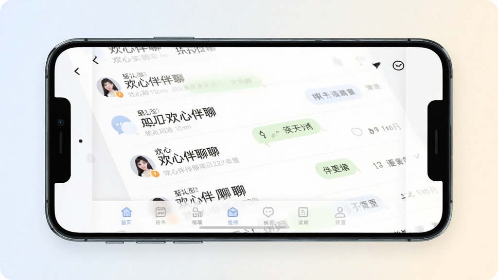 一张展示欢心伴聊应用主界面的手机样机图,画面中央是手机屏幕,屏幕内显示欢心伴聊的聊天列表与底部导航栏,界面干净整洁,背景为浅色渐变,风格现代简约,细节清晰,画质高清,无多余元素