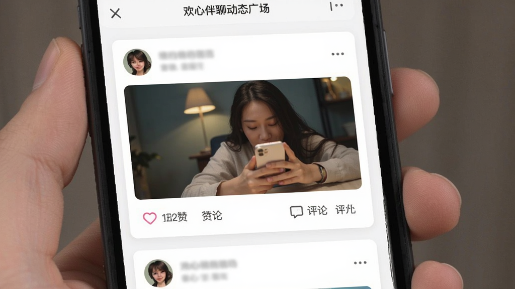 欢心伴聊动态广场页面预览图,手机屏幕内显示图文动态流,包含用户头像、配图、点赞与评论按钮,背景为白色卡片式布局,风格清爽,画质清晰,无杂乱元素