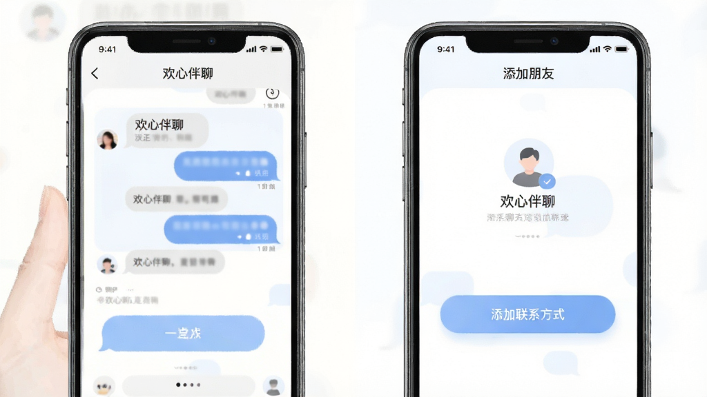 欢心伴聊聊天窗口与添加好友界面示意图,手机屏幕内展示对话气泡与添加联系方式按钮,界面简洁,风格柔和,画质清晰,无多余装饰