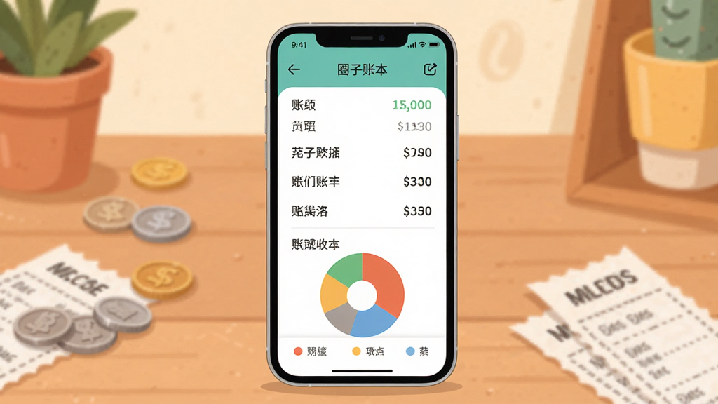 ��������һ�������ֻ�����Ļ����ʾȦ���˱�APP�����棬����������������Ŀ�б��ͱ�״ͼ����������ܰ�ļ�ͥ����������ɢ��һЩӲ�Һ�Ʊ�ݣ����岼�ּ�࣬�Ű���У����Ϊ�ִ���ƽ���廭��ϸ�����ֻ��߿�Բ�󣬽����������������ʸ��壬�ɾ����޶���Ԫ��