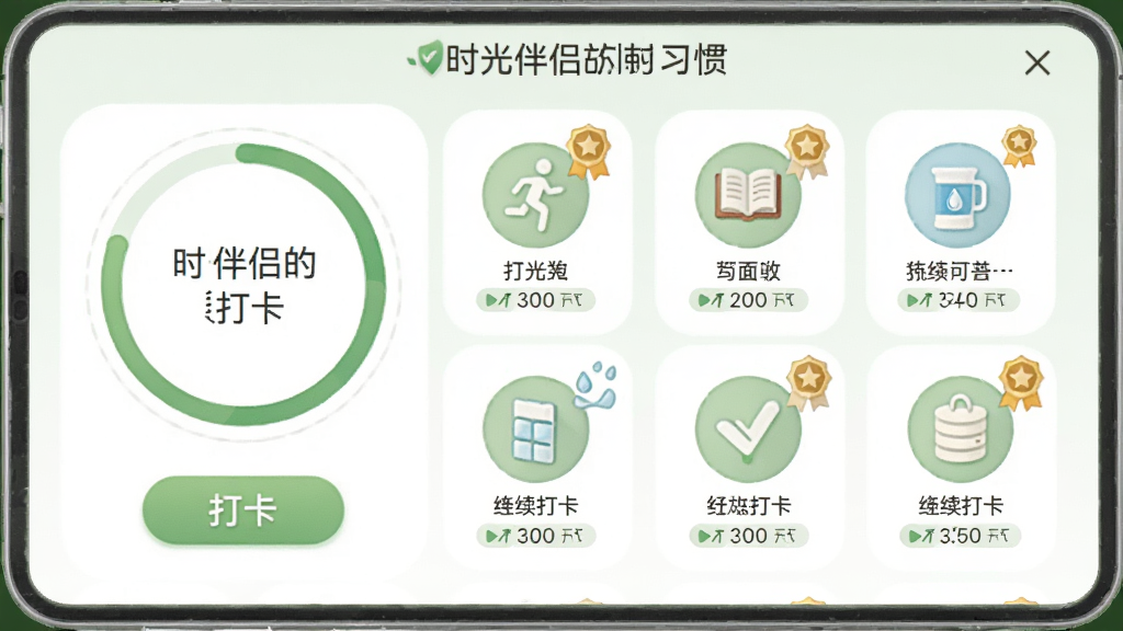 ʱ����µ�ϰ�ߴ�ҳ�棬����չʾһ��Բ�ν������Ͷ��ϰ��ͼ�꣬�����ܲ������顢��ˮ�ȣ�ÿ��ͼ���·������������������������͵���ɫ���ɫ���䣬����Ϊ�������У����������Ȼ��ϸ�ڰ����򿨰�ť�ͻ��±�ǣ������������ɾ��޶���Ԫ��