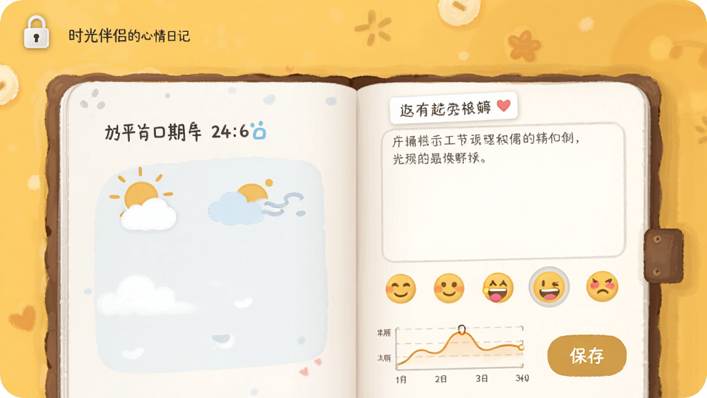 ʱ����µ������ռǽ��棬����������һ�������ĵ����ռǱ��������ʾ����������ͼ�꣬�Ҳ���������������ͱ���ѡ�������ײ�����������Сͼ������Ϊů��ɫ���������ܰ������ϸ�ڰ���������ͼ���뱣�水ť�������������ɾ��޶���Ԫ��
