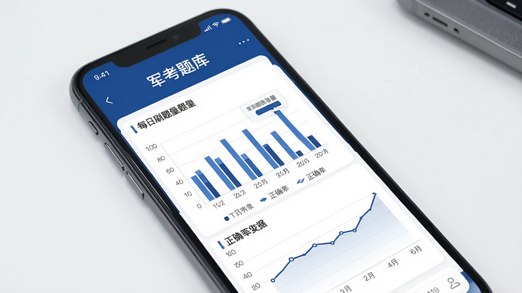 一张展示军考题库APP学习统计页面的手机截图,屏幕中呈现“军考题库”标题和柱状图、折线图等数据图表,显示每日刷题量和正确率变化,界面采用深蓝与白色搭配,风格现代简洁,背景干净,画质清晰
