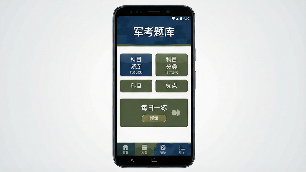 一张展示军考题库软件首页界面的手机应用截图,画面中央是一部竖屏安卓手机,手机屏幕上显示军考题库APP的主页,包含“军考题库”文字标题、科目分类按钮、每日一练入口和底部导航栏,界面采用深蓝色与军绿色搭配的军事风格,背景为干净的浅灰色渐变,整体排版清晰整齐,风格简洁专业,细节上屏幕内文字清晰可辨,画质干净无多余元素