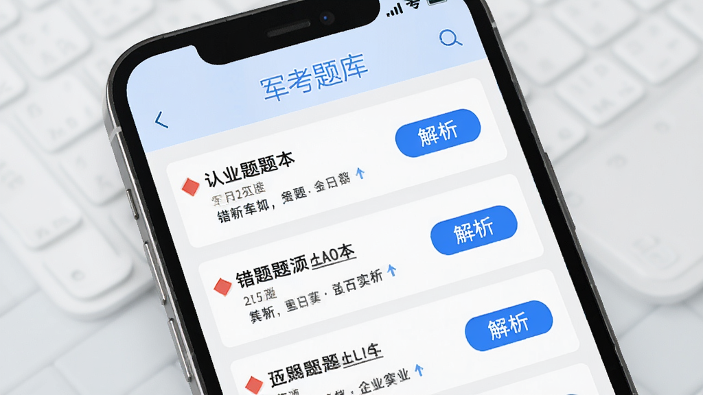 军考题库APP错题本功能界面的手机展示图,手机屏幕中显示“军考题库”文字和错题列表,每道错题旁边有红色标记和解析按钮,界面采用浅色背景搭配蓝色高亮,排版整洁,风格清爽,背景为干净的浅灰色,画质清晰无多余装饰