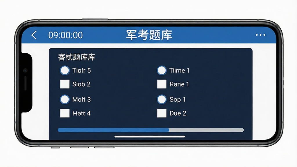 一张军考题库APP模拟考试界面的手机截图,画面中手机横屏显示试卷答题卡,屏幕上方有倒计时和“军考题库”标识,下方是选择题选项和答题进度条,界面配色为蓝白相间,风格严肃正式,背景为纯色,画质干净清晰