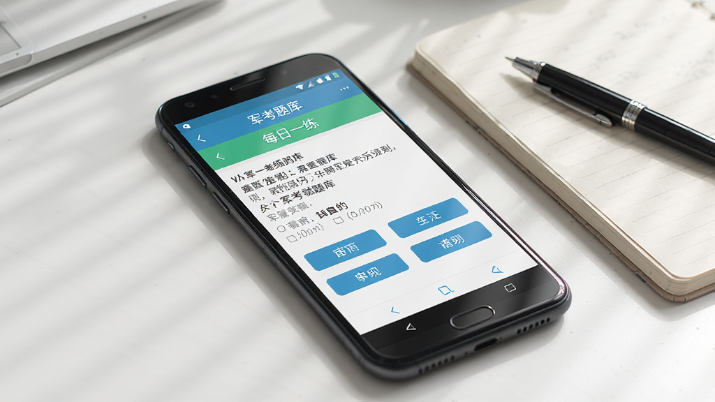 一张展示军考题库APP在安卓手机上运行的实拍效果图,手机屏幕中显示“军考题库”的每日一练答题界面,画面中有题目文字和四个选项按钮,手机旁边放着一本笔记本和一支笔,背景为整洁的书桌,光线柔和,风格写实,画质清晰干净