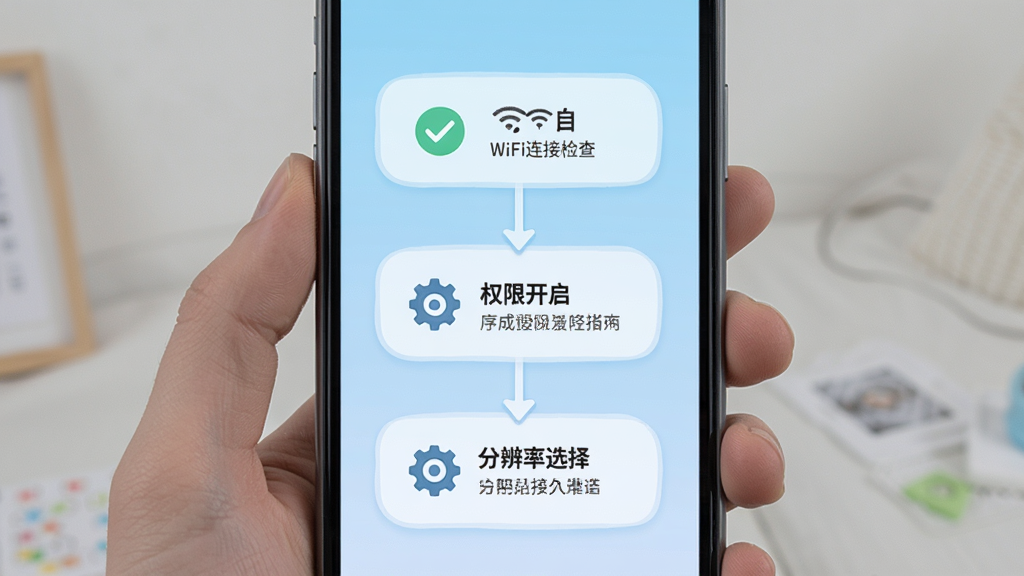 �ֻ�ͶӰ������������������ҳ�棬�ֻ���Ļ��ʾWiFi���Ӽ�顢Ȩ�޿������ֱ���ѡ���������裬����Ϊǳ��ɫ���䣬����Ϊ�������������Ϊ���½̷̳磬ϸ�ڰ�����ѡͼ�ꡢWiFi���š��������ã����ʸɾ��������޶���Ԫ��