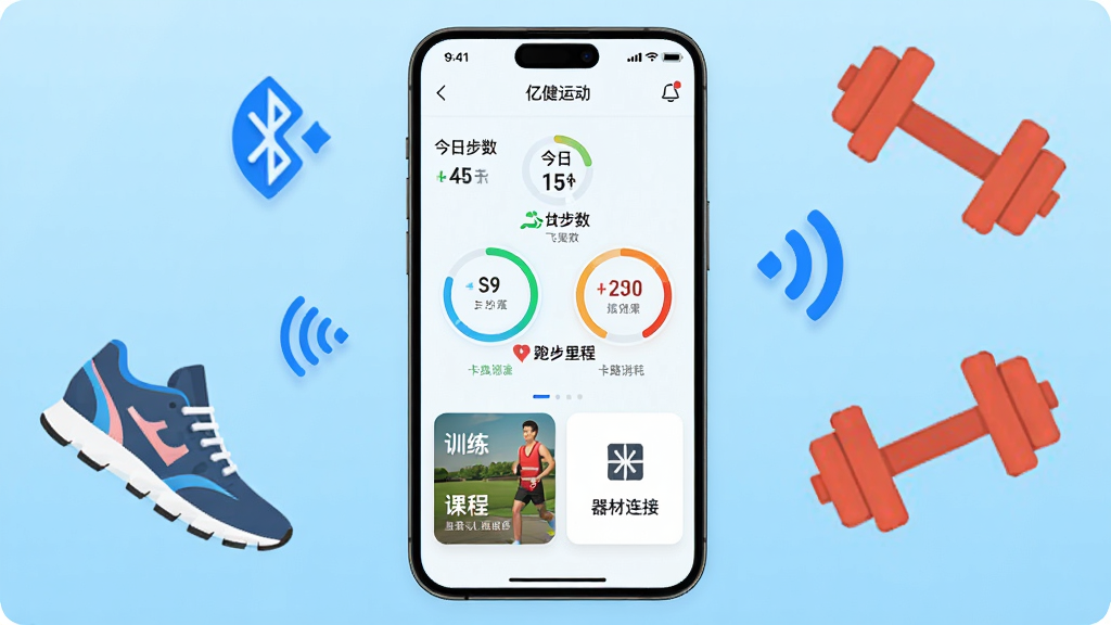 ��������һ�������ֻ�����չʾ�ڽ��˶�APP�����棬������ʾ���ղ������ܲ���̡���·������������������ͼ�����·�����ѵ���γ̿�Ƭ������������ڣ�������ǳ��ɫ�����˶�����ֻ�����Ư�������ź�ͼ����ܲ�Ь��������˶�Ԫ�أ����岼�����·ֲ㡢���ҶԳƣ���ƽ��UI��Ʒ��ϸ��������ɫ�����죬�߷ֱ��ʻ��ʣ�����ɾ������޶���Ԫ��