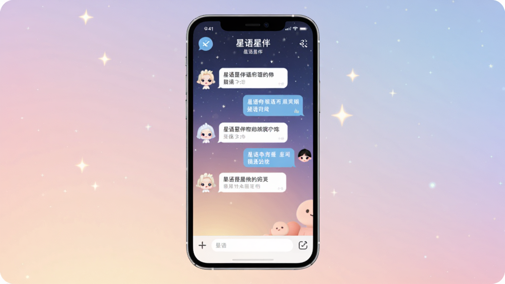 一张展示星语星伴聊天界面的手机预览图,画面中央是手机屏幕,屏幕内呈现星语星伴的对话窗口,有可爱的虚拟角色头像和聊天气泡,背景是柔和的星空渐变色调,整体风格清新温暖,布局简洁,画质清晰,干净无多余元素