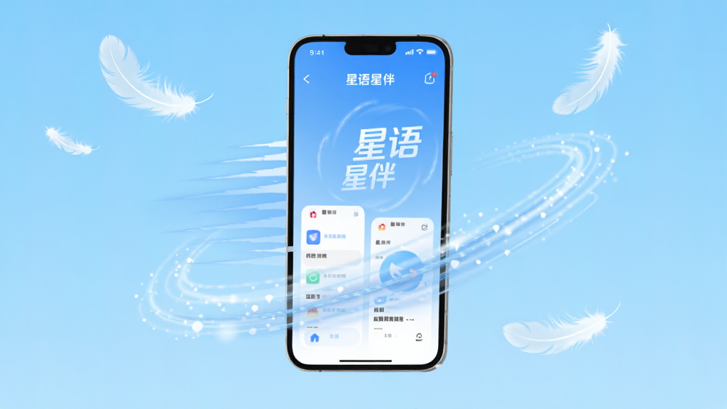 星语星伴轻量流畅运行概念图,画面中一部手机屏幕显示星语星伴界面,手机周围有速度线条和羽毛飘落的元素,象征轻快流畅,背景是明亮的浅蓝色,布局居中,风格动感简洁,画质清晰,干净无多余元素
