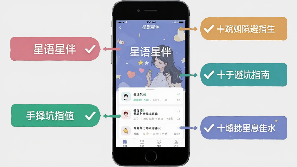 星语星伴新手使用避坑指南示意图,画面中一部手机显示星语星伴界面,旁边有多个提示标签和勾选标记,背景是浅灰色,布局清晰,风格扁平化信息图,画质干净,无多余元素
