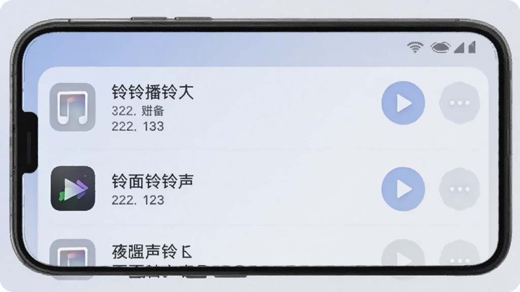 展示酷炫铃声下载管理界面的手机截图,列表显示已下载的铃声名称和大小,右侧有播放和更多操作按钮,界面整洁,色调柔和,画质清晰干净