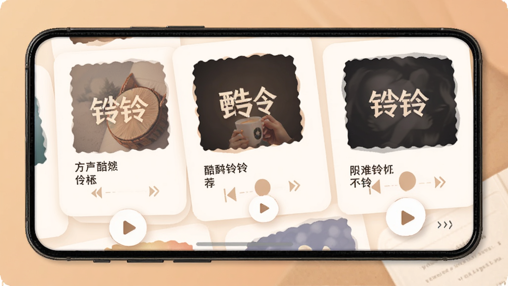 手机屏幕显示酷炫铃声的个性化推荐页面,卡片式布局展示各种铃声专辑封面,配有文字标题和播放按钮,风格温馨,画质清晰干净,无多余元素