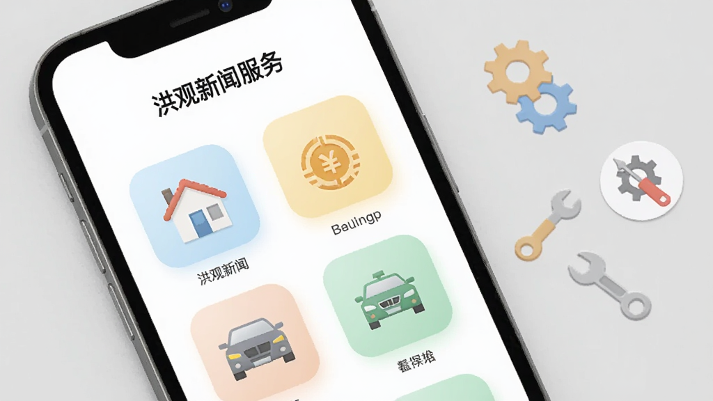 ������һ���ֻ���Ļ����д����Ļ����ʾ�š�������š�APP�ķ���ҳ�棬ҳ�����ж������ͼ���緿�ӡ�Ǯ�ҡ������ȣ��ֻ��Ա�ɢ���ų��ֺ͹��ߵ�Сͼ�꣬������ǳ��ɫ�Ĵ�ɫ�����������������򣬷���Լʵ�ã�ϸ����ͼ����ɫ�ḻ����ͣ����ʸɾ��������޶���Ԫ��