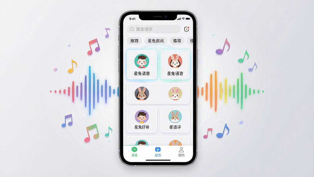 一张展示星兔语音手机应用界面的场景图,画面中央是一部竖屏智能手机,屏幕内显示星兔语音的语音房间列表页面,有多个圆形头像和房间名称,顶部有搜索栏和推荐标签,底部有消息、动态、我的等导航按钮,手机周围环绕着彩色声波和音符元素,整体布局清晰,排版居中,风格为现代扁平化科技风,细节上房间卡片带有微光描边,背景为浅灰渐变,画质高清,干净无多余元素