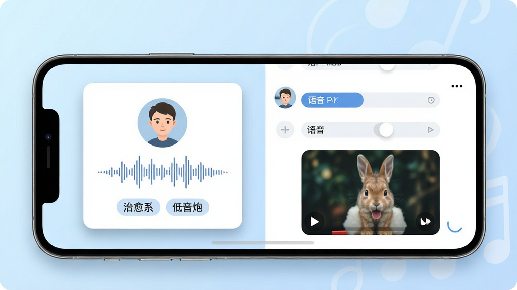 一张展示星兔语音声音名片与动态页面的手机界面图,画面中央是一部横向放置的手机,屏幕内左侧显示声音名片卡片,包含圆形头像、声纹波形图、声音标签如“治愈系”“低音炮”,右侧显示动态信息流,有语音条和配图,整体布局左右分栏,风格为清新简约风,细节上卡片带有轻微投影,背景为浅蓝渐变,画质高清,干净无多余元素