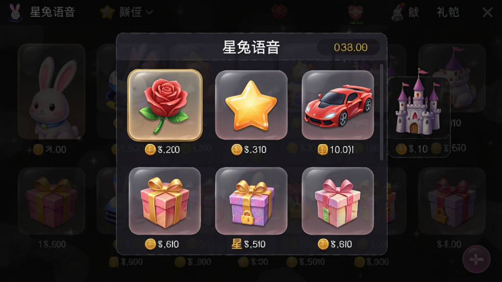 一张展示星兔语音虚拟礼物面板的界面图,画面中央是一个弹出式礼物选择面板,面板内排列着多种礼物图标,包括玫瑰花、小星星、跑车、城堡等,每个礼物下方标注所需星币数量,面板顶部有“星兔语音”字样和余额显示,背景为半透明黑色遮罩,整体布局网格状排列,风格为精致游戏化UI风,细节上礼物图标带有光泽质感,画质高清,干净无多余元素