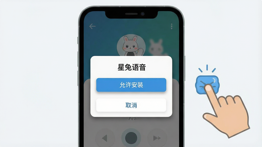 一张展示手机安装星兔语音APK过程的步骤示意图,画面中央是一部手机,屏幕内显示安装确认弹窗,包含“星兔语音”“允许安装”“取消”等按钮,手机旁边有手指点击的示意图标,整体布局简洁,风格为扁平化教程插图风,细节上弹窗带有轻微阴影,背景为浅色,画质高清,干净无多余元素