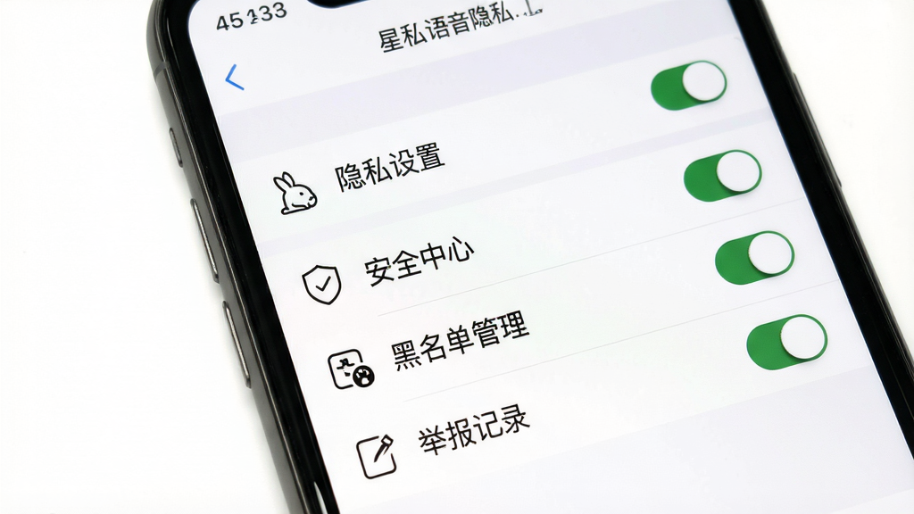一张展示星兔语音隐私设置页面的手机截图风格图,画面中央是一部手机,屏幕内显示设置菜单,包含“隐私设置”“安全中心”“黑名单管理”“举报记录”等选项,部分选项旁有开关按钮,整体布局为列表式,风格为简洁工具风,细节上图标为线性风格,背景为纯白,画质高清,干净无多余元素