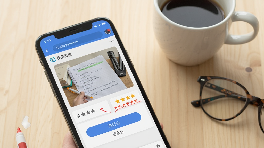 ��д��ͷչʾ�ν̰��ʦ����ҵ���Ľ��棬�ֻ���Ļ����ʾѧ���ύ����ҵͼƬ�ʹ�ְ�ť���Ա��к�ɫ��ע�ʺ������Ǽ�ͼ�꣬����Ϊǳɫľ�����棬�����Ϸ���һ�����Ⱥ�һ���۾���������Ϊ����дʵ��Ӱ�磬���������Ȼ����ͼ���գ�����ϸ�壬�޶���Ԫ��