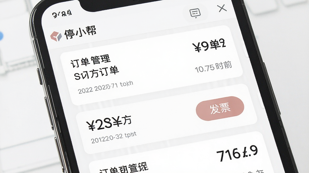 一张展示“停小帮”订单管理界面的图片,主体为手机屏幕中的订单列表,布局竖向排列,排版整齐,风格简约商务,细节包含订单卡片、金额数字、发票按钮和时间标签,画质清晰,干净,无多余元素