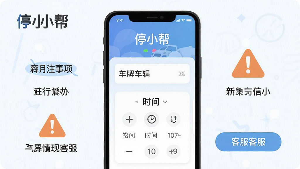 一张展示“停小帮”新手使用注意事项的信息图,主体为手机界面与提示图标组合,布局为上下结构,排版清晰,风格清新扁平,细节包含车牌输入框、时间选择器、警告图标和客服按钮,画质清晰,干净,无多余元素