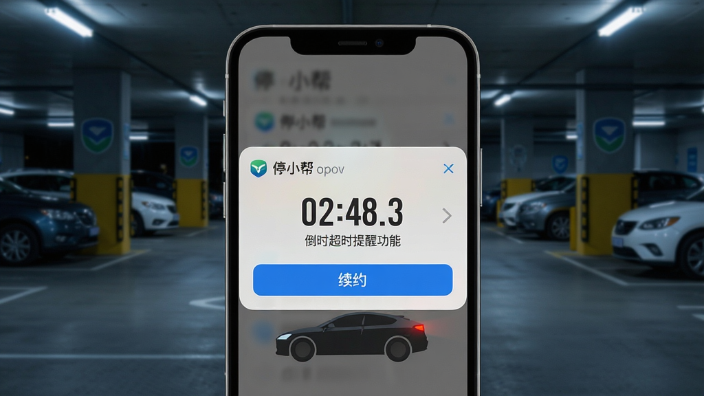 一张展示“停小帮”超时提醒功能的场景图,主体为手机弹出提醒通知,布局手机居中,背景为停车场夜景,排版突出通知弹窗,风格写实科技感,细节包含倒计时数字、续约按钮和车辆轮廓,画质清晰,干净,无多余元素